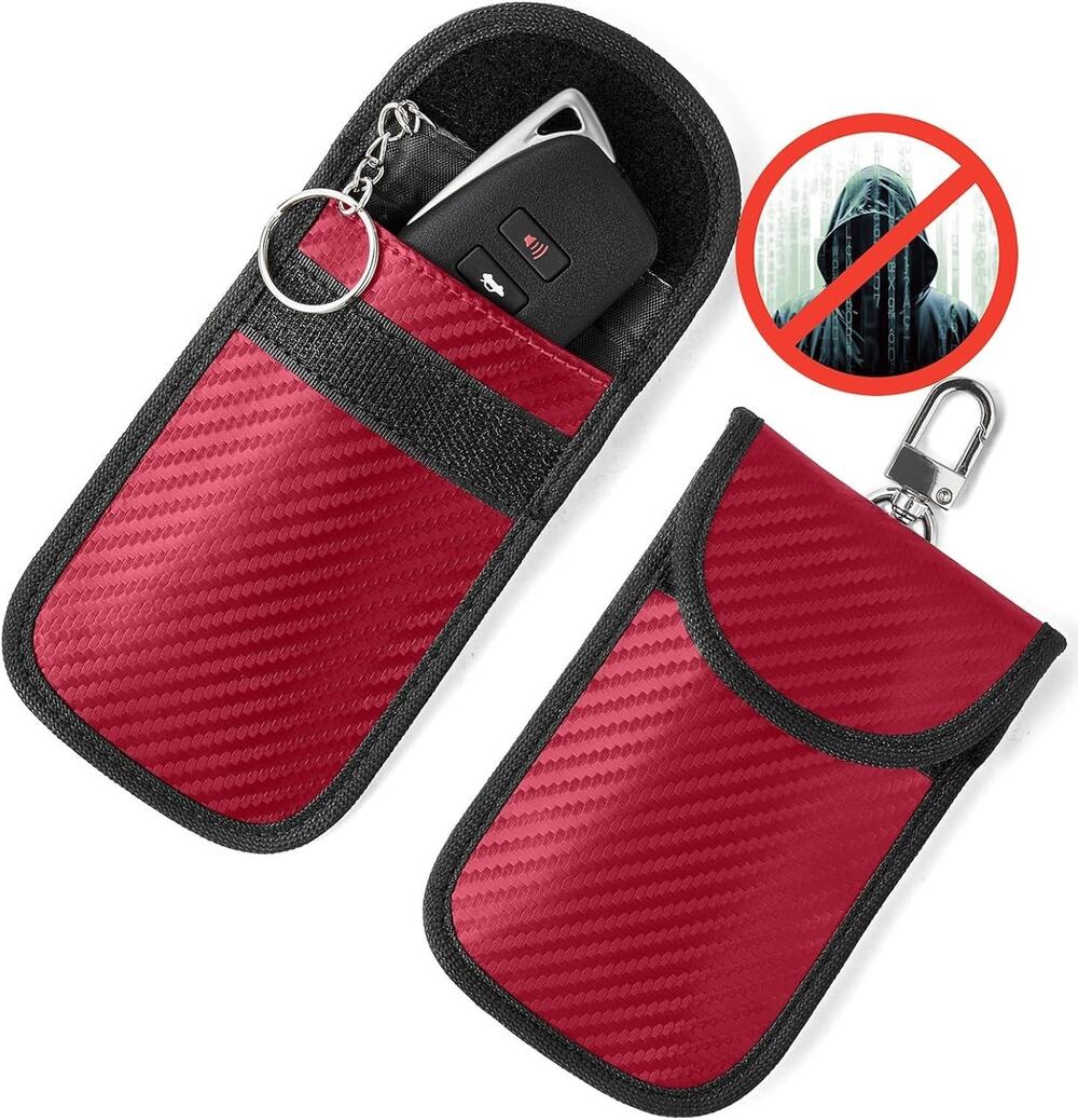 2PK RED Carbon Fiber Upgraded Faraday Bag for Key Fob Premium Protector Theft